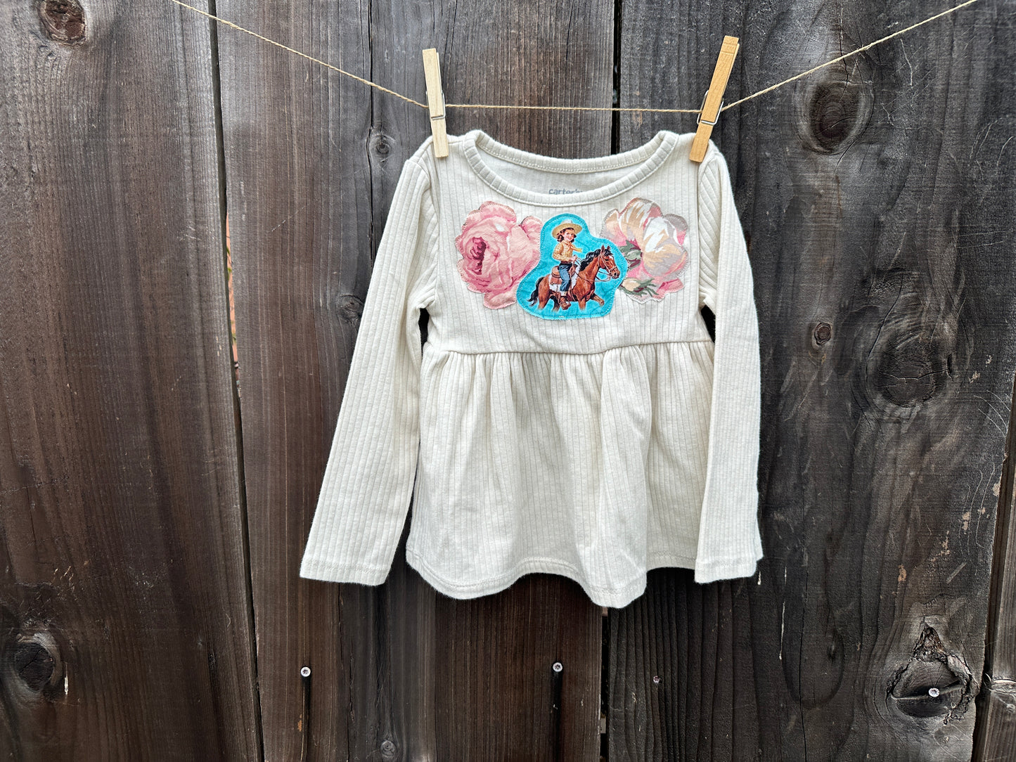 Turquoise Cowgirl with Pastel Roses on White Peplum, Size 24 mons.