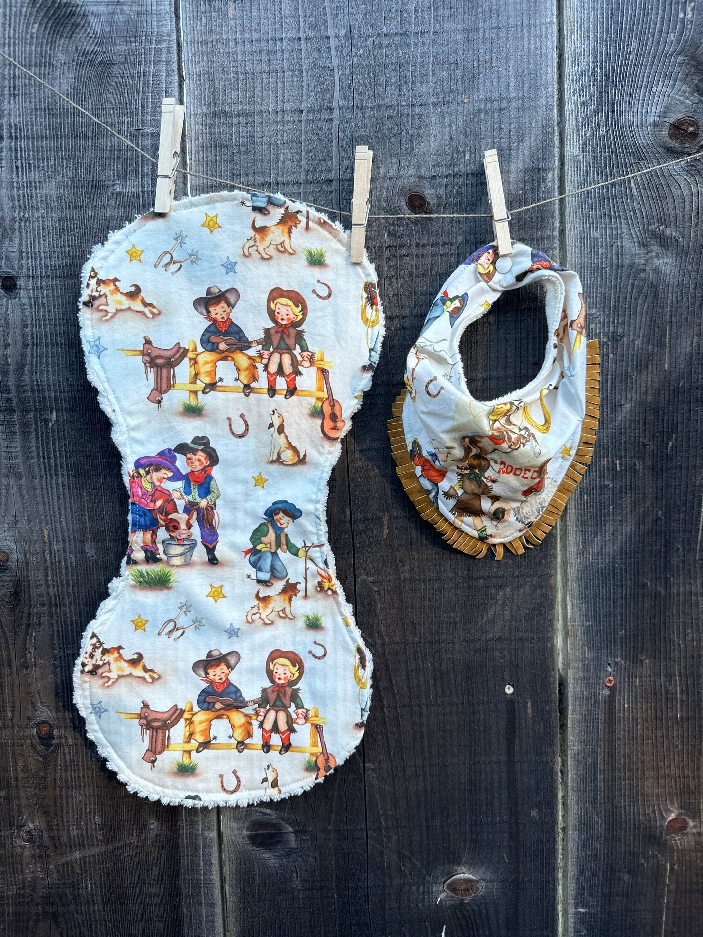 Vintage Cowkids Rodeo Dreams Bib/Burp Cloth Set