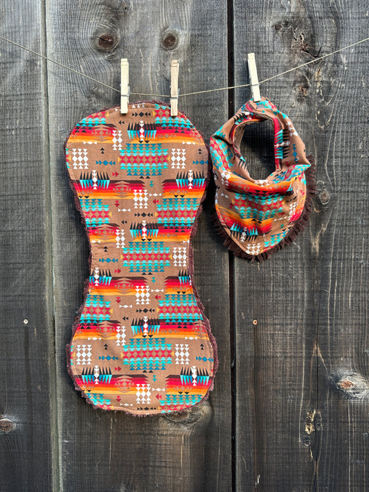 Native Brown and Orange Geometric Bib & Burp Cloth Set