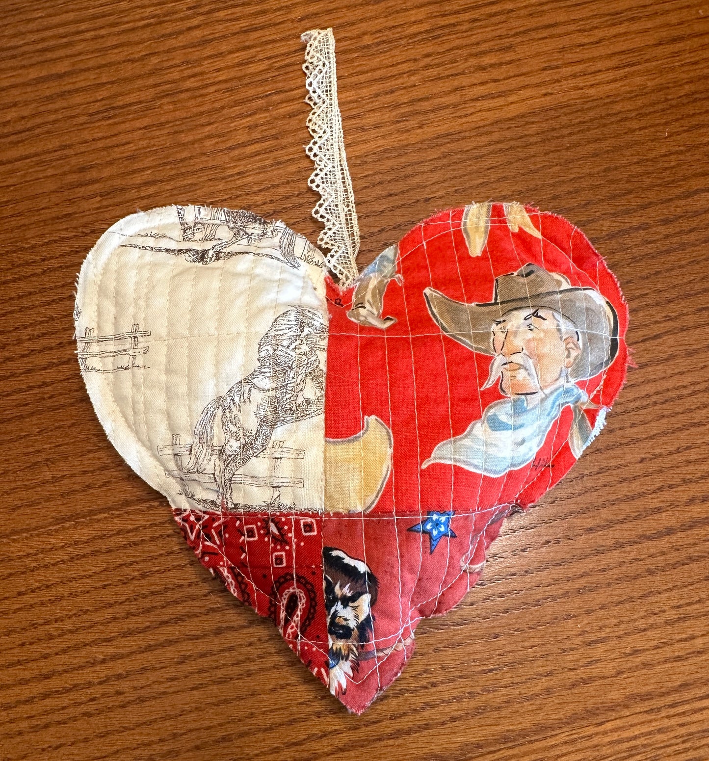 Red and White Quilted Cowboy Heart with Lace Hanger