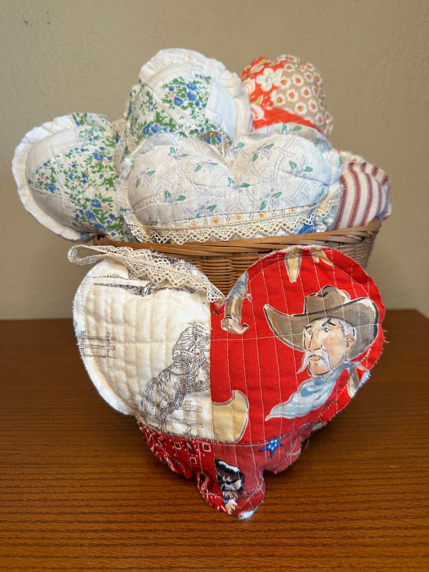 Red and White Quilted Cowboy Heart with Lace Hanger