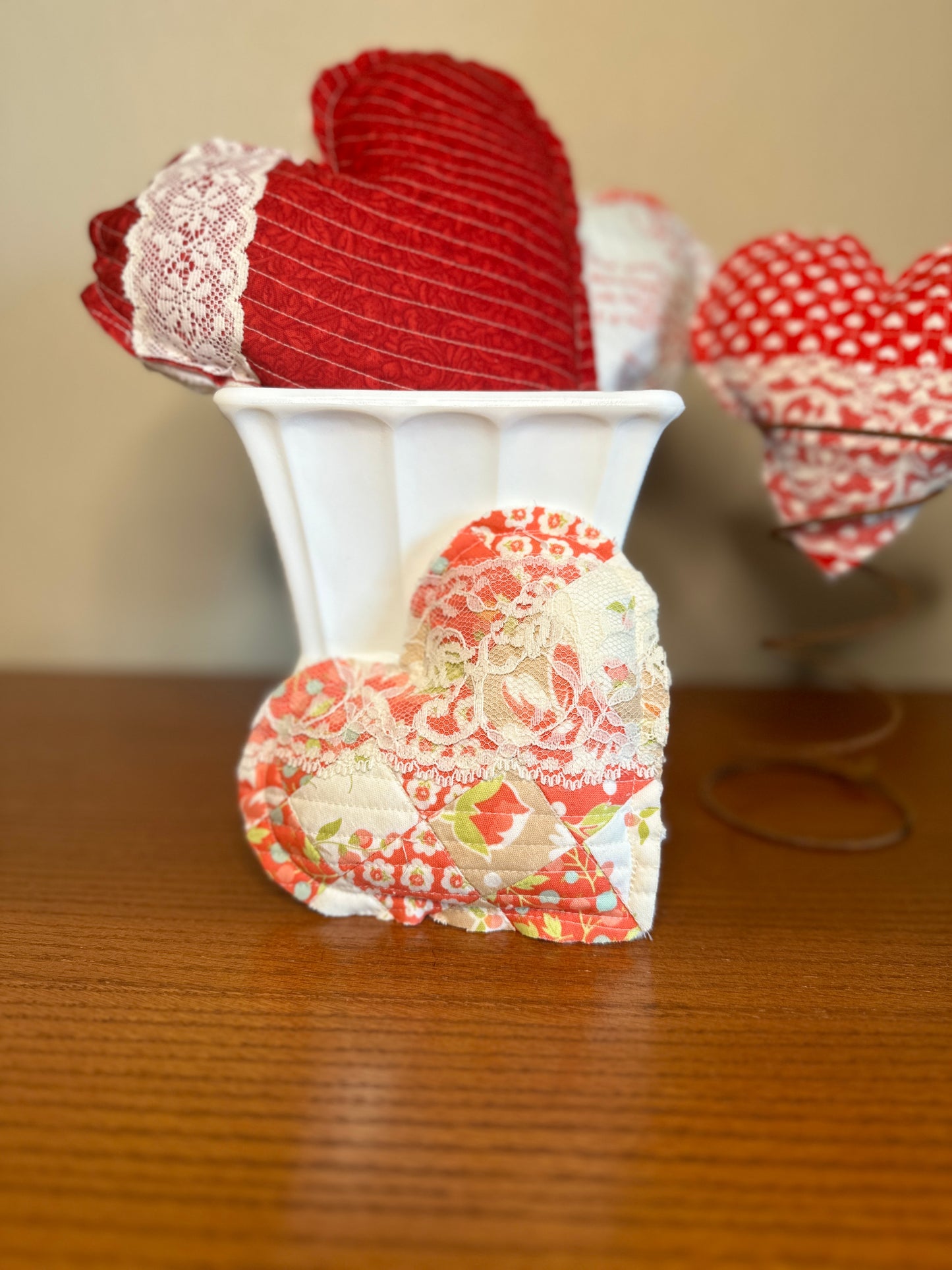 Coral and Lace Quilted Heart with Hanger