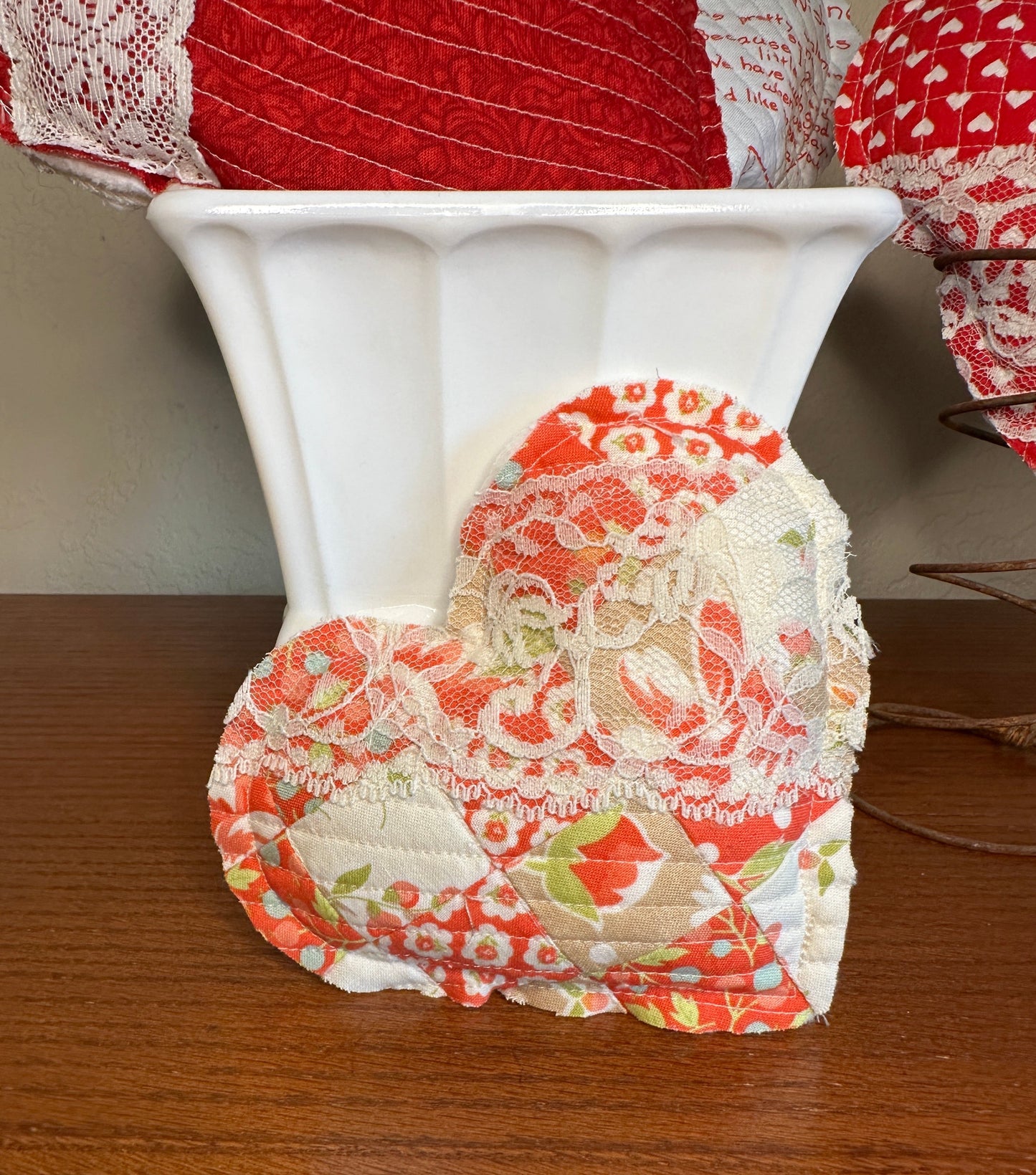 Coral and Lace Quilted Heart with Hanger