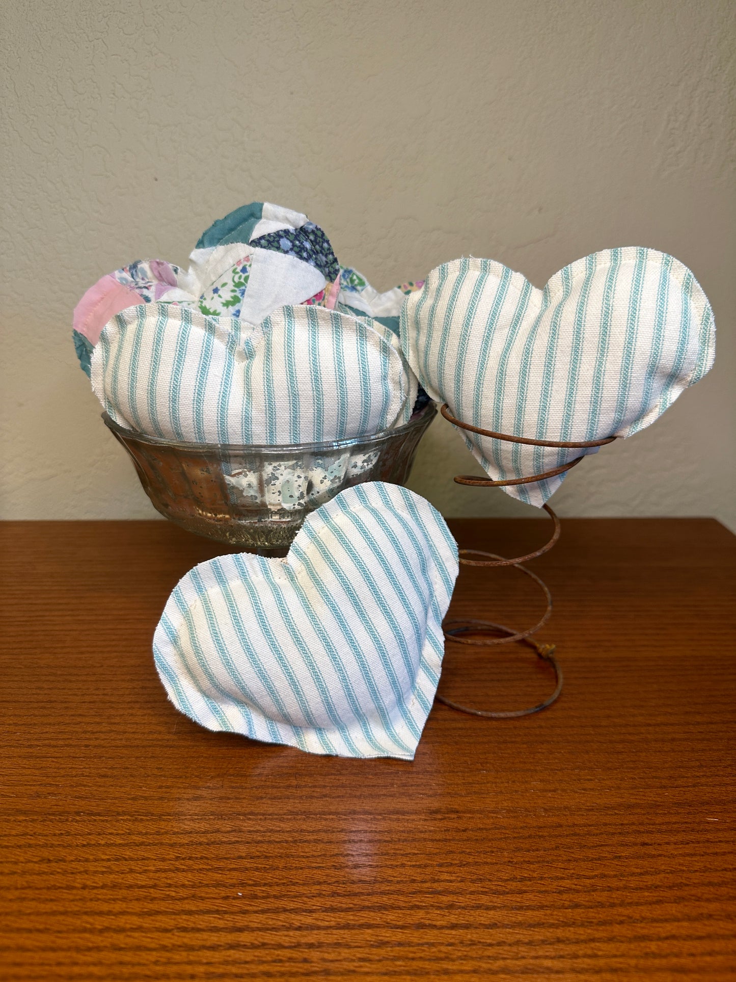 Turquoise Striped Ticking Fabric Heart