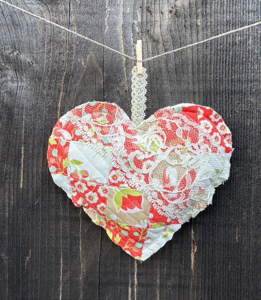 Coral and Lace Quilted Heart with Hanger