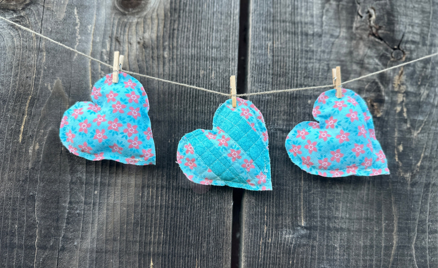 Turquoise Blue and Coral, Small Set of Three Hearts