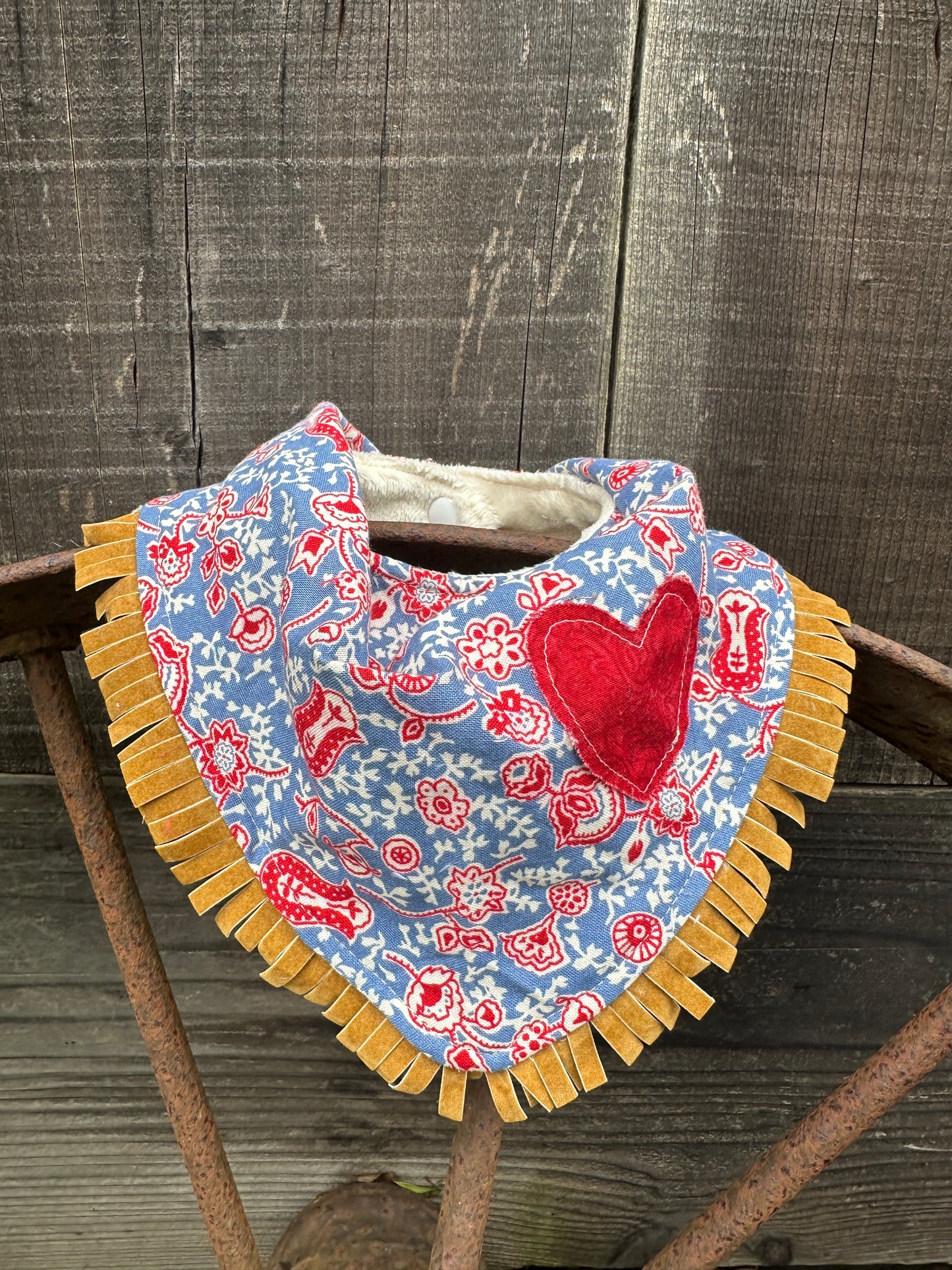 Blue and Red Paisley Heart Buckaroo Baby Bib