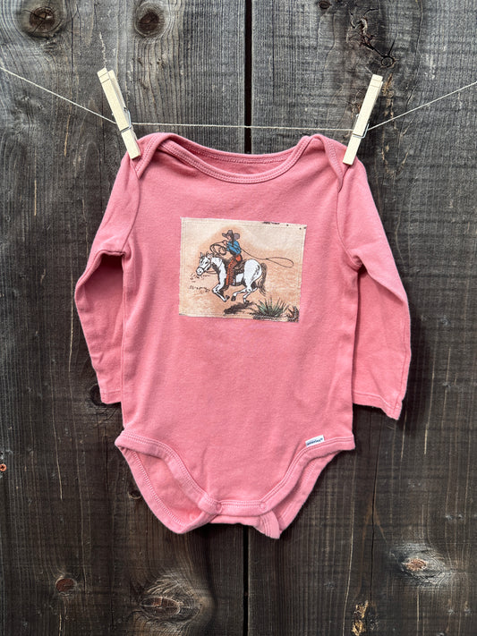 Perfect Pink Long Sleeve Cowgirl Onesie, Size 6-9 mons.