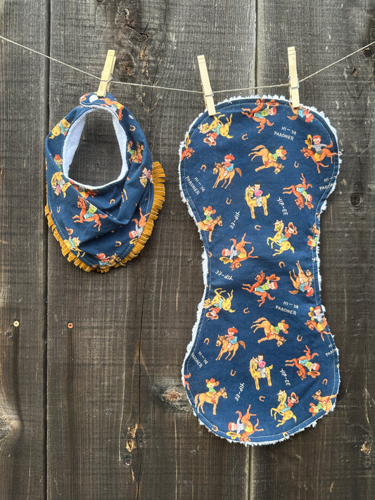 Yip-Ee Vintage Cowkids on Navy Bib/Burp Cloth Set