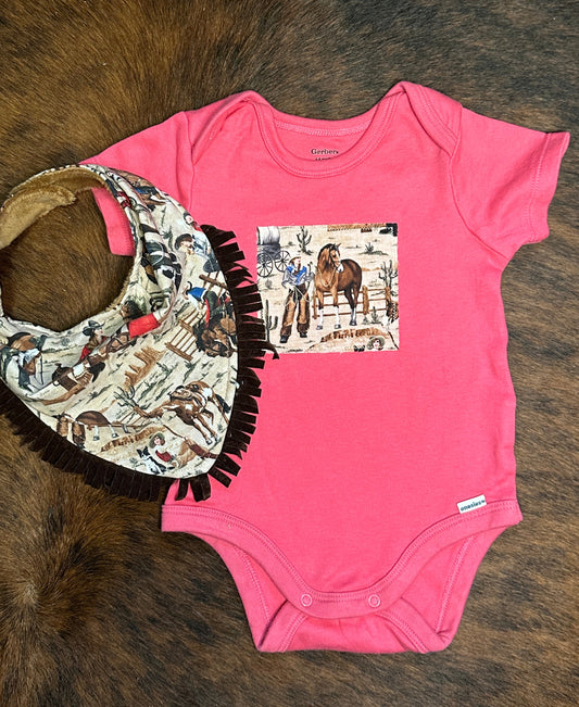 Cowgirl Bronc Rider Hot Pink Onesie and Bib Set, 6-9 mons.