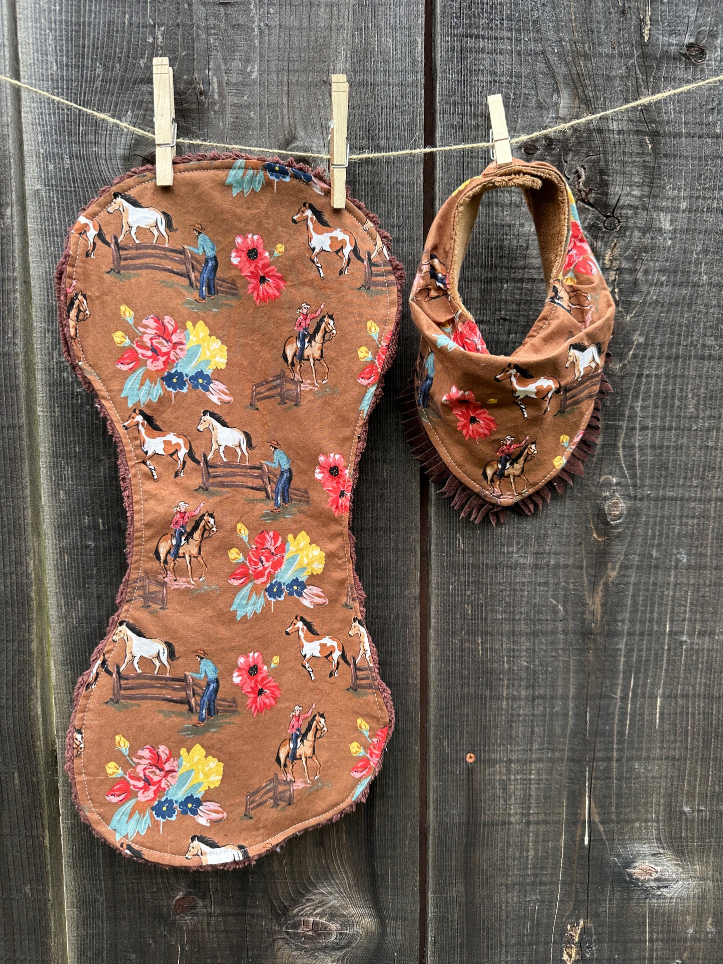 Floral Cowgirl and Horses in Brown Bib and Burp Cloth Set