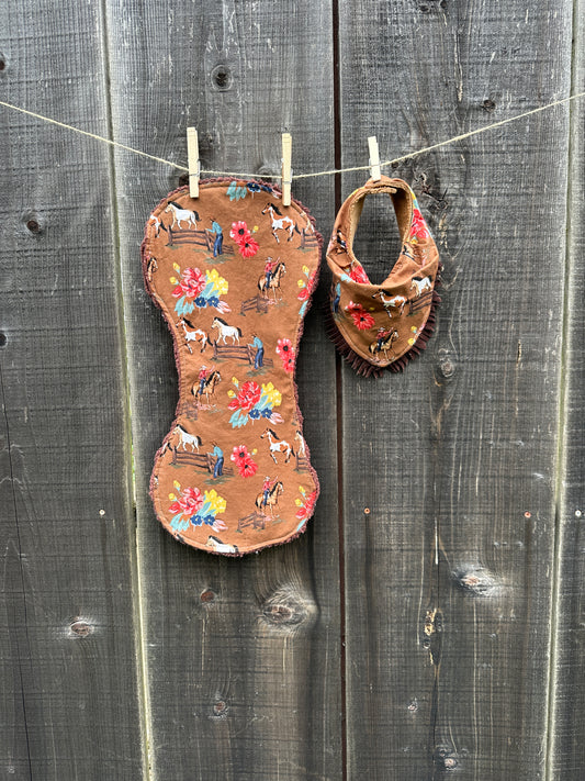 Floral Cowgirl and Horses in Brown Bib and Burp Cloth Set