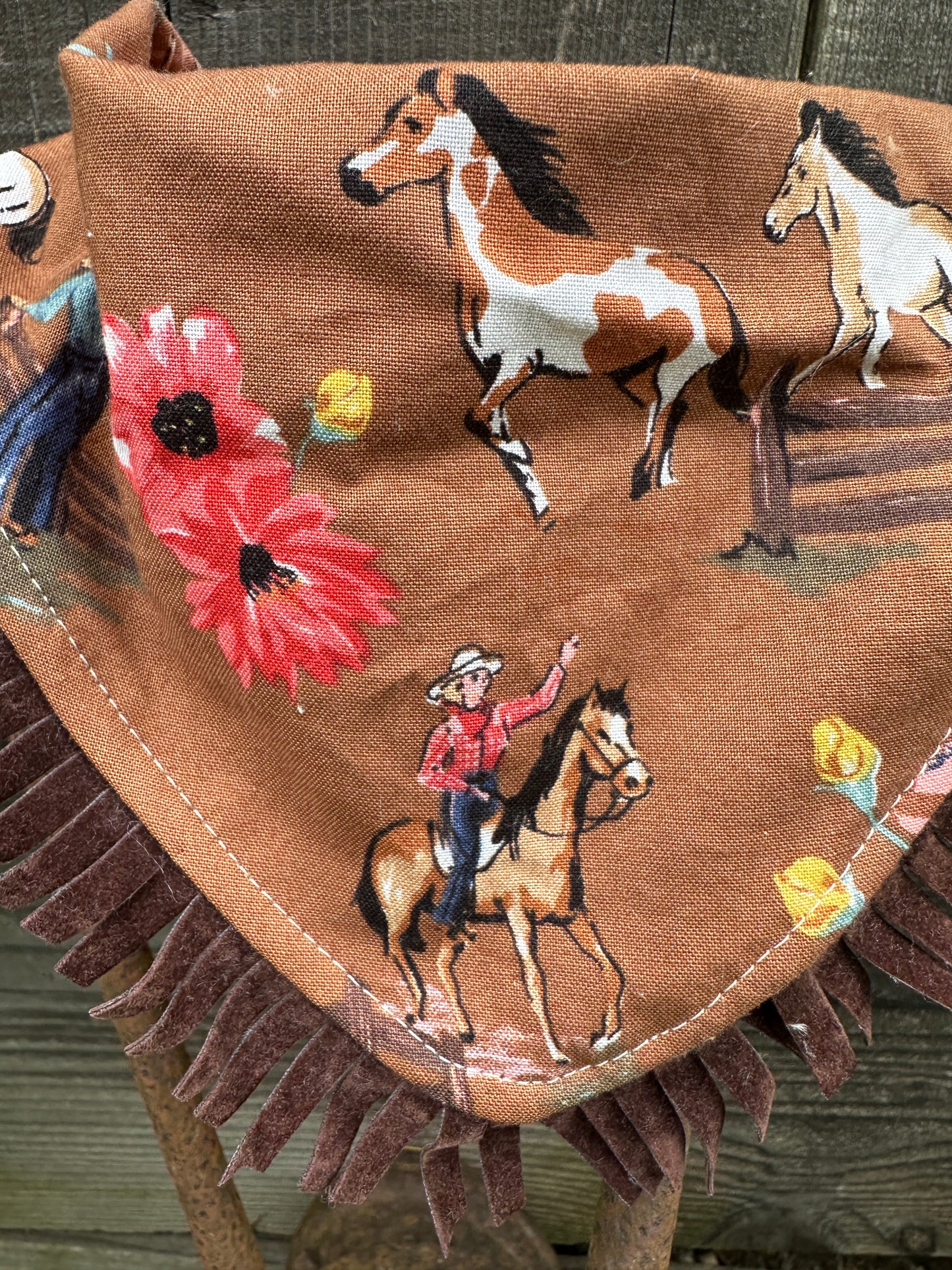 Floral Cowgirl and Horses in Brown Bib and Burp Cloth Set