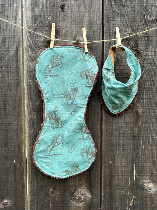 Turquoise Cowboy Roper Bib/Burp Cloth Set