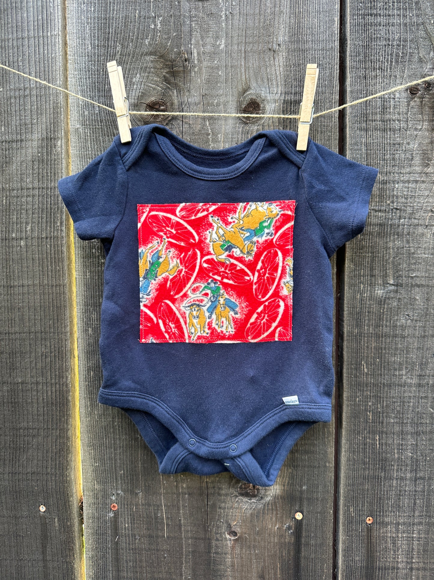 Vintage Wagon Wheel and Roper Navy Onesie, Size 6-9 mons.