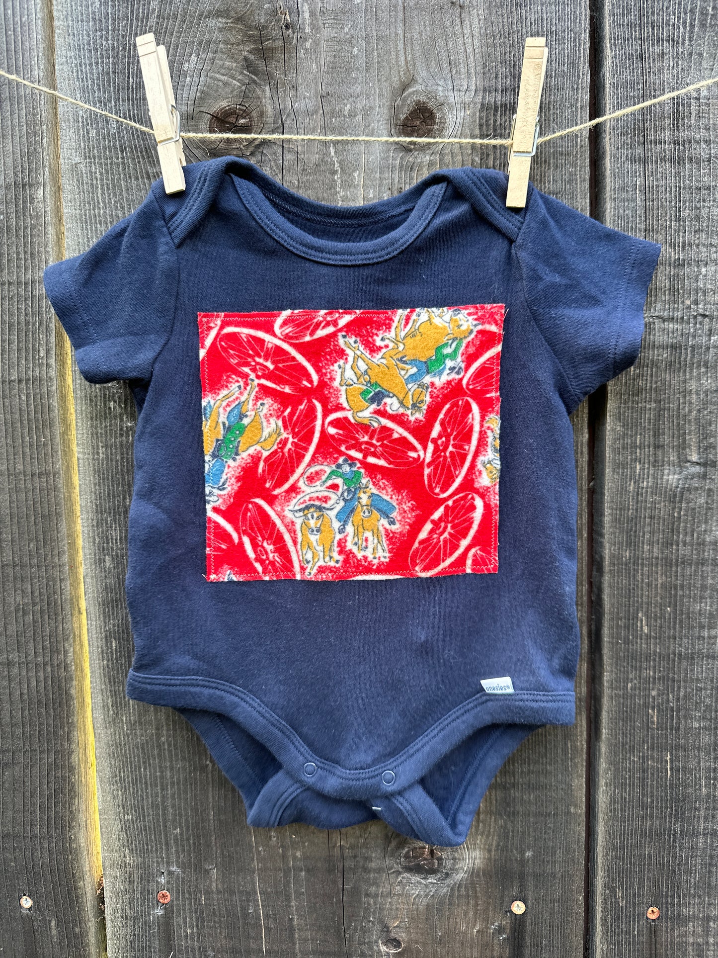 Vintage Wagon Wheel and Roper Navy Onesie, Size 6-9 mons.