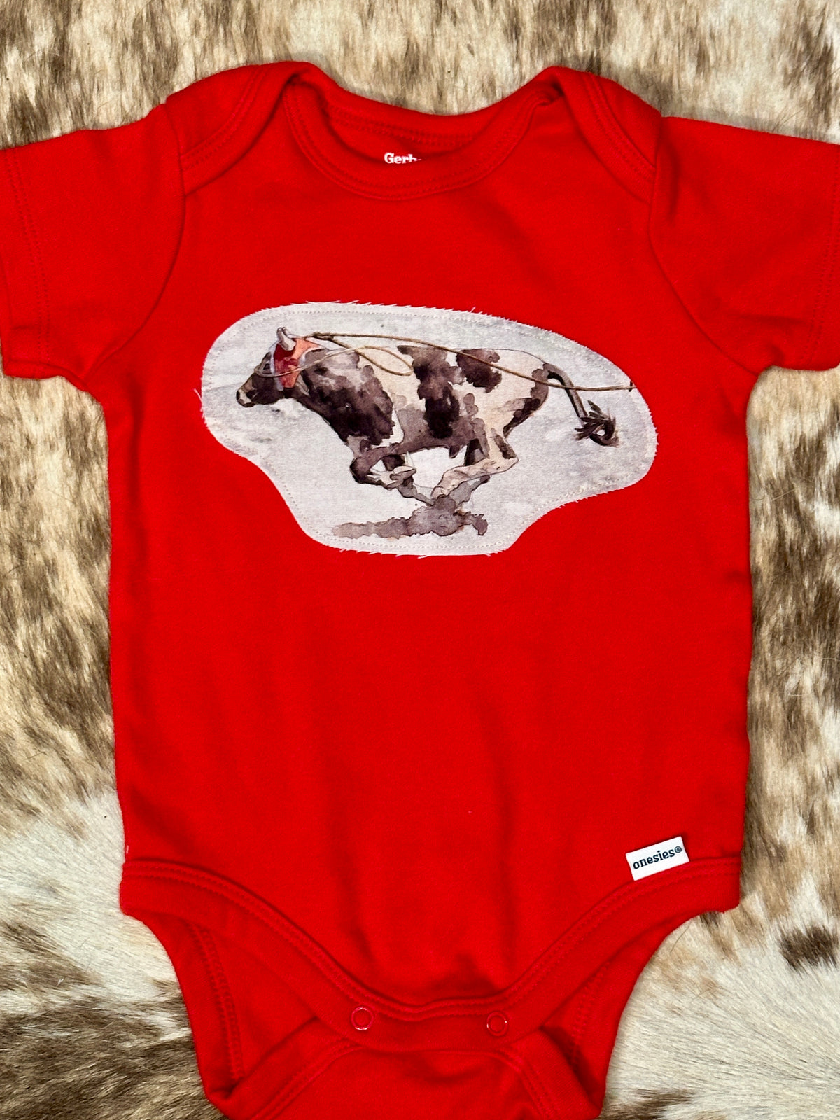 Red Roping Steer Onesie, Size 3-6 mons.