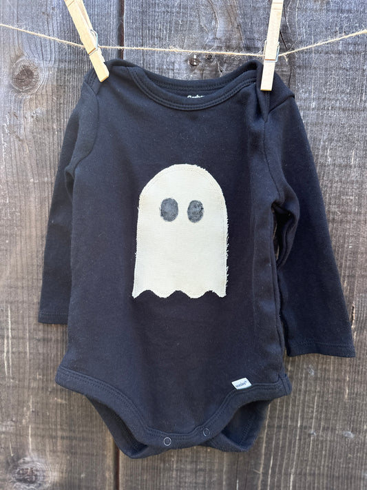 Friendly Ghost Black Onesie with Long Sleeves, Size 6-9 mons.