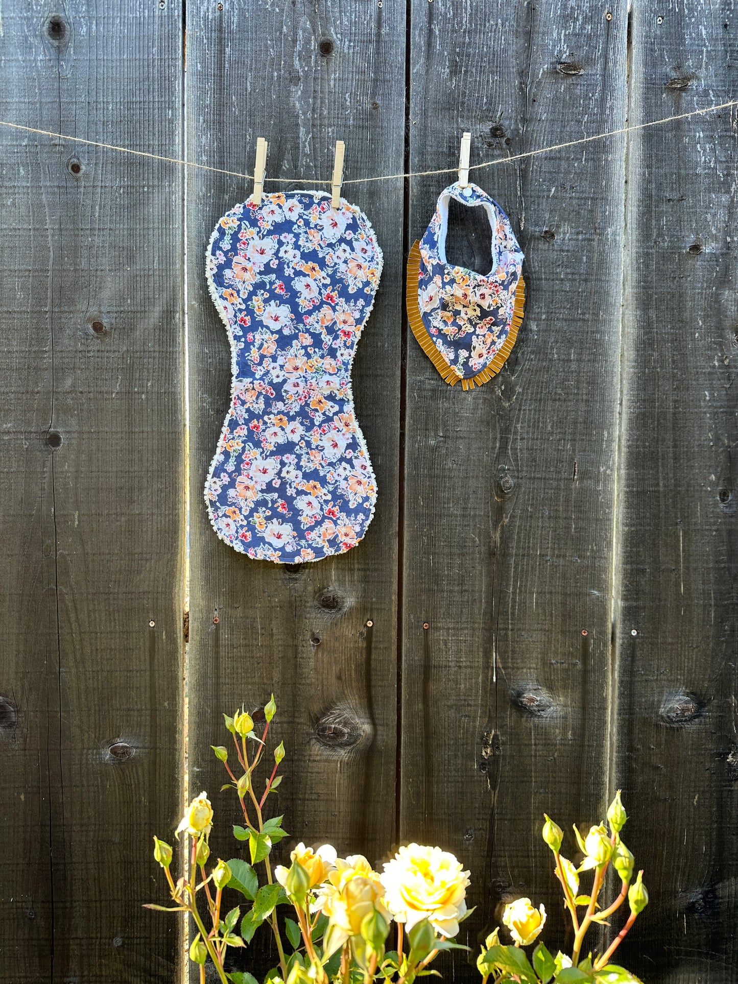 Cream and Yellow Floral on Navy Buckaroo Baby Bibs Set