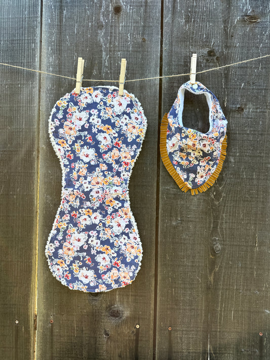 Cream and Yellow Floral on Navy Buckaroo Baby Bibs Set