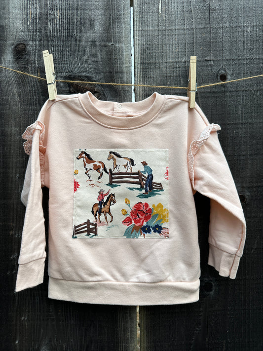 Floral Cowgirl Light Pink Sweatshirt with Eyelet Lace, Size 18 mons.