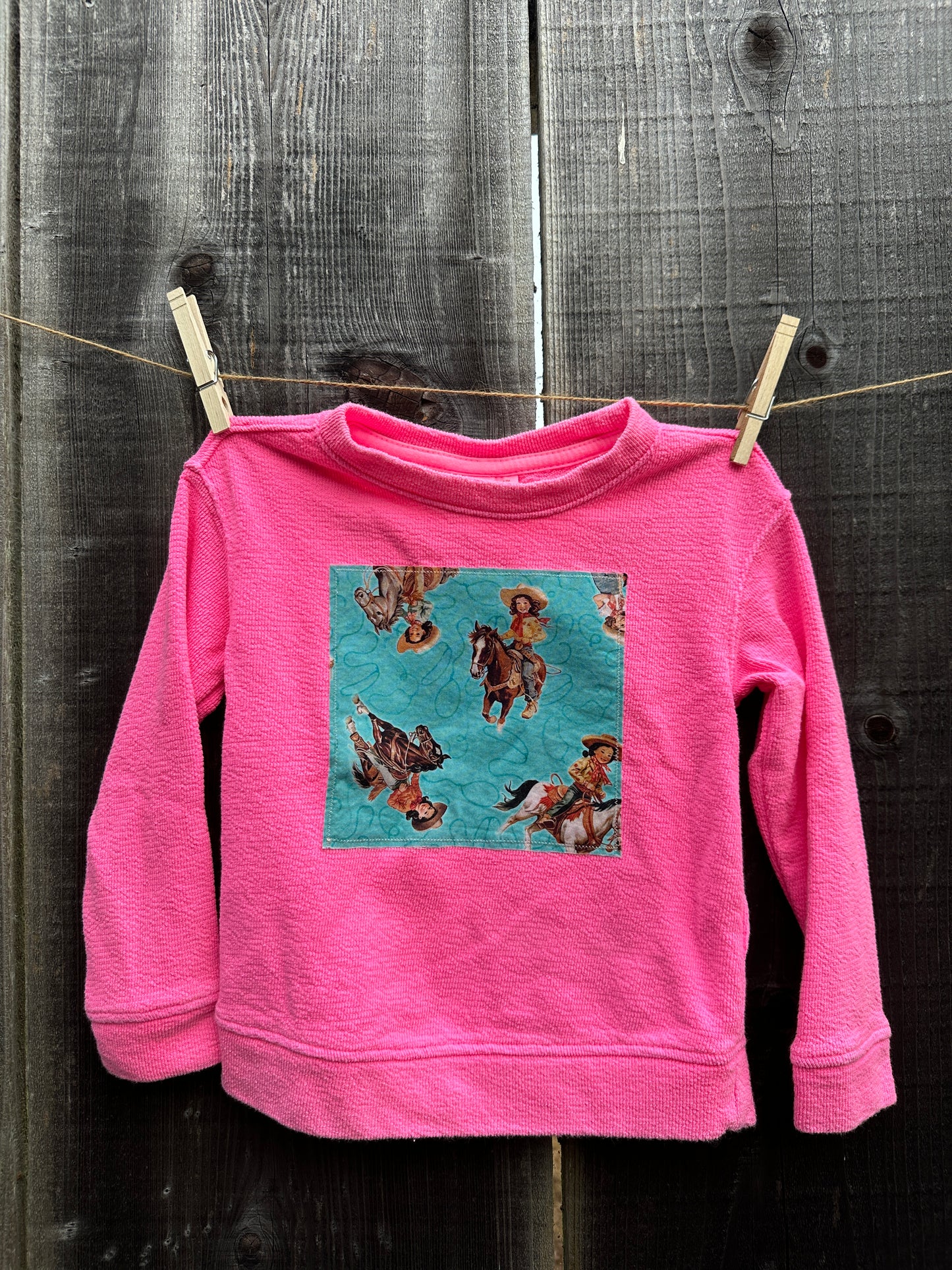 Hot Pink Sweatshirt with Turquoise Cowgirl Patch, Size 3T