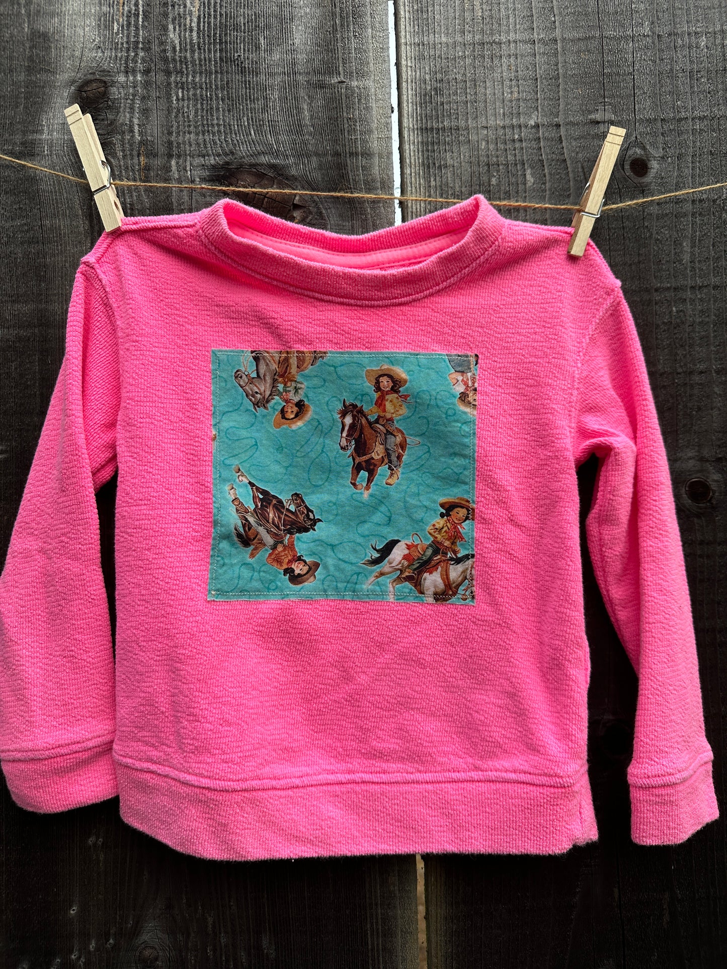 Hot Pink Sweatshirt with Turquoise Cowgirl Patch, Size 3T