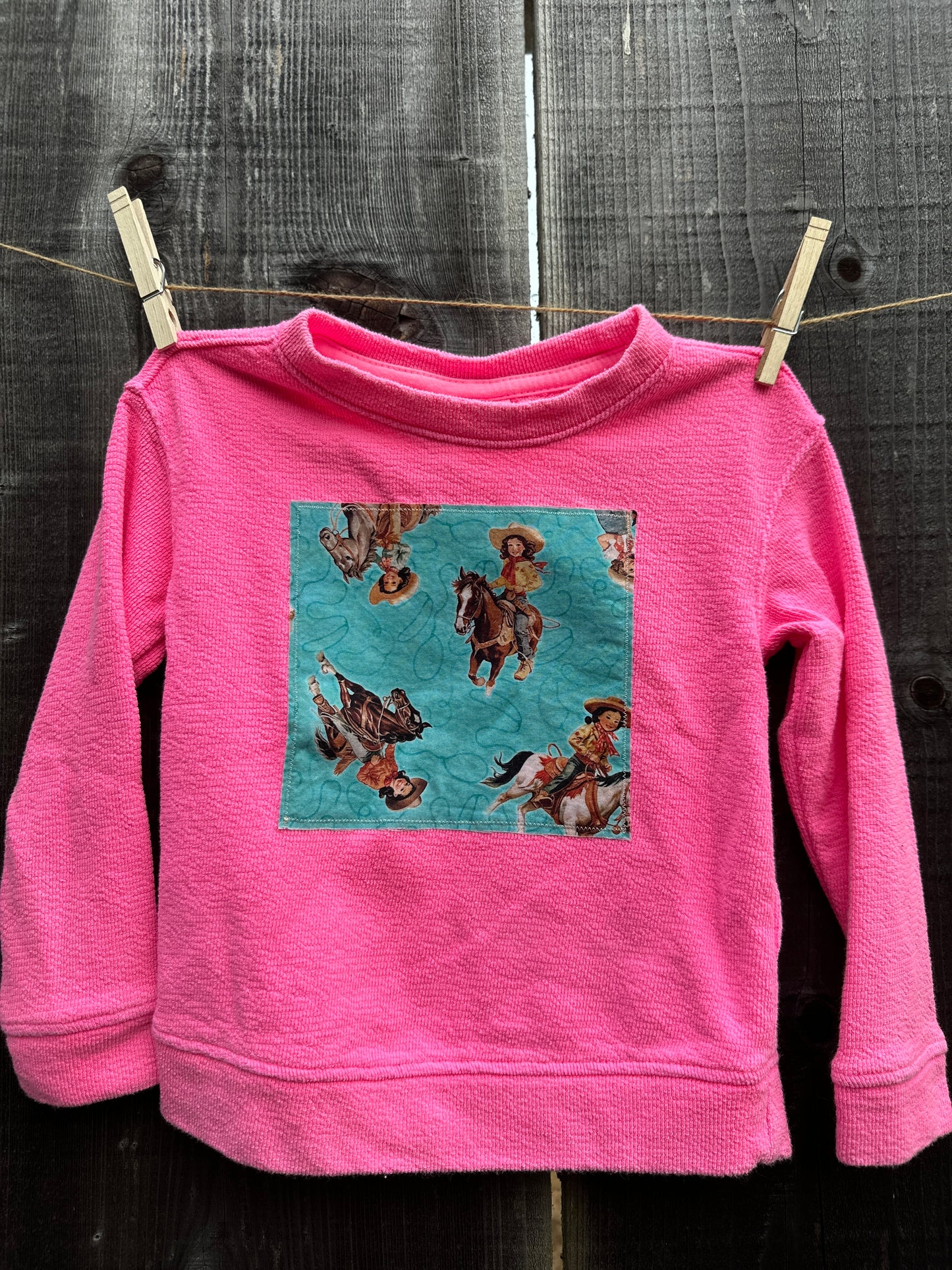 Hot Pink Sweatshirt with Turquoise Cowgirl Patch, Size 3T