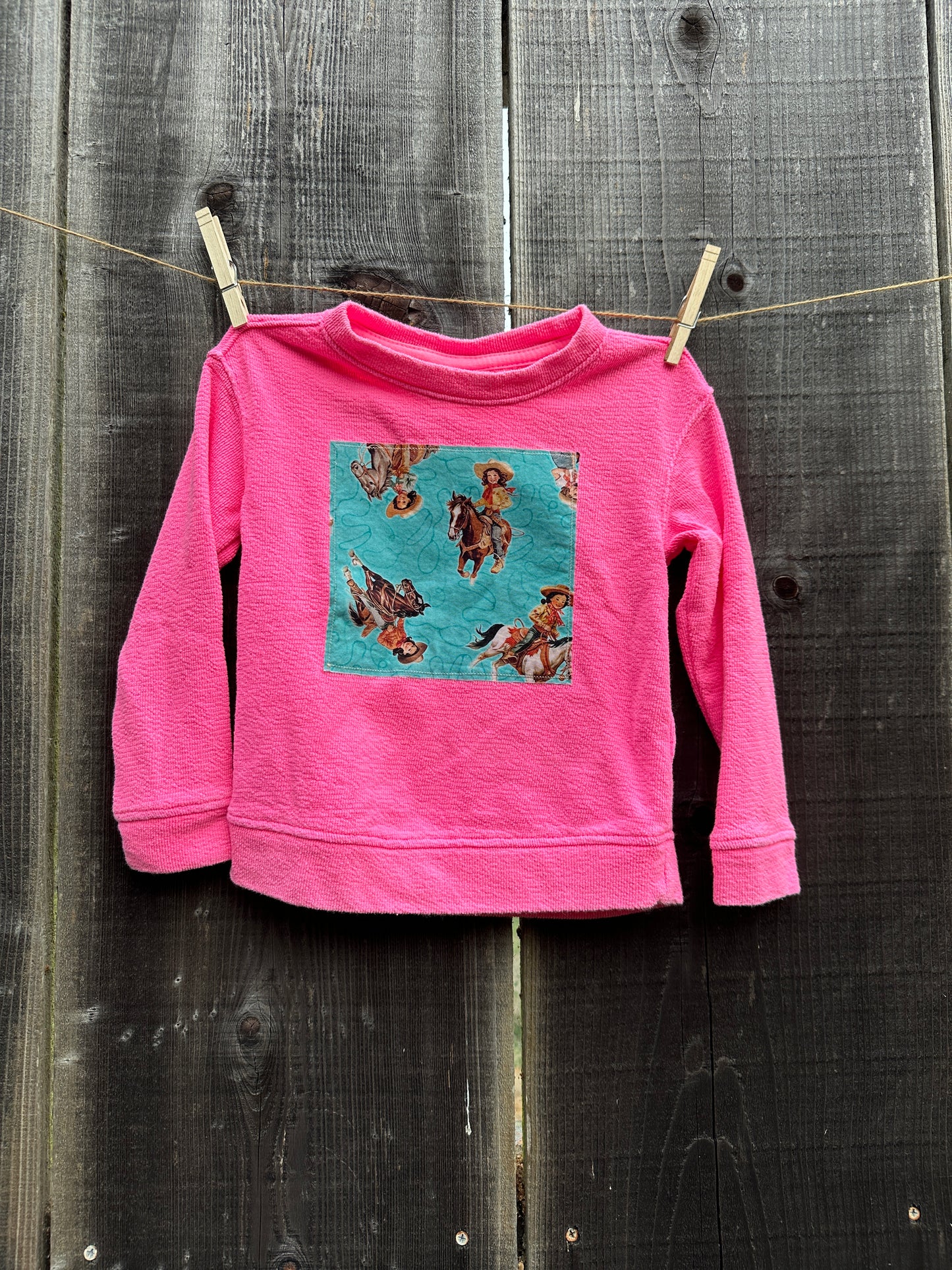 Hot Pink Sweatshirt with Turquoise Cowgirl Patch, Size 3T