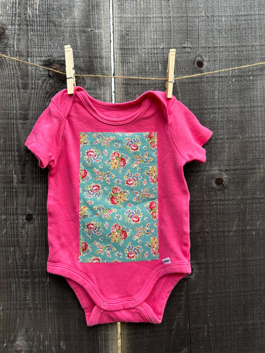 Hot Pink Turquoise Floral Patch Onesie, Size 12 mons.