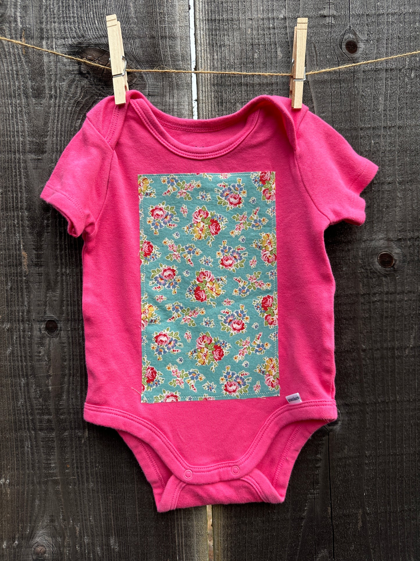 Hot Pink Turquoise Floral Patch Onesie, Size 12 mons.