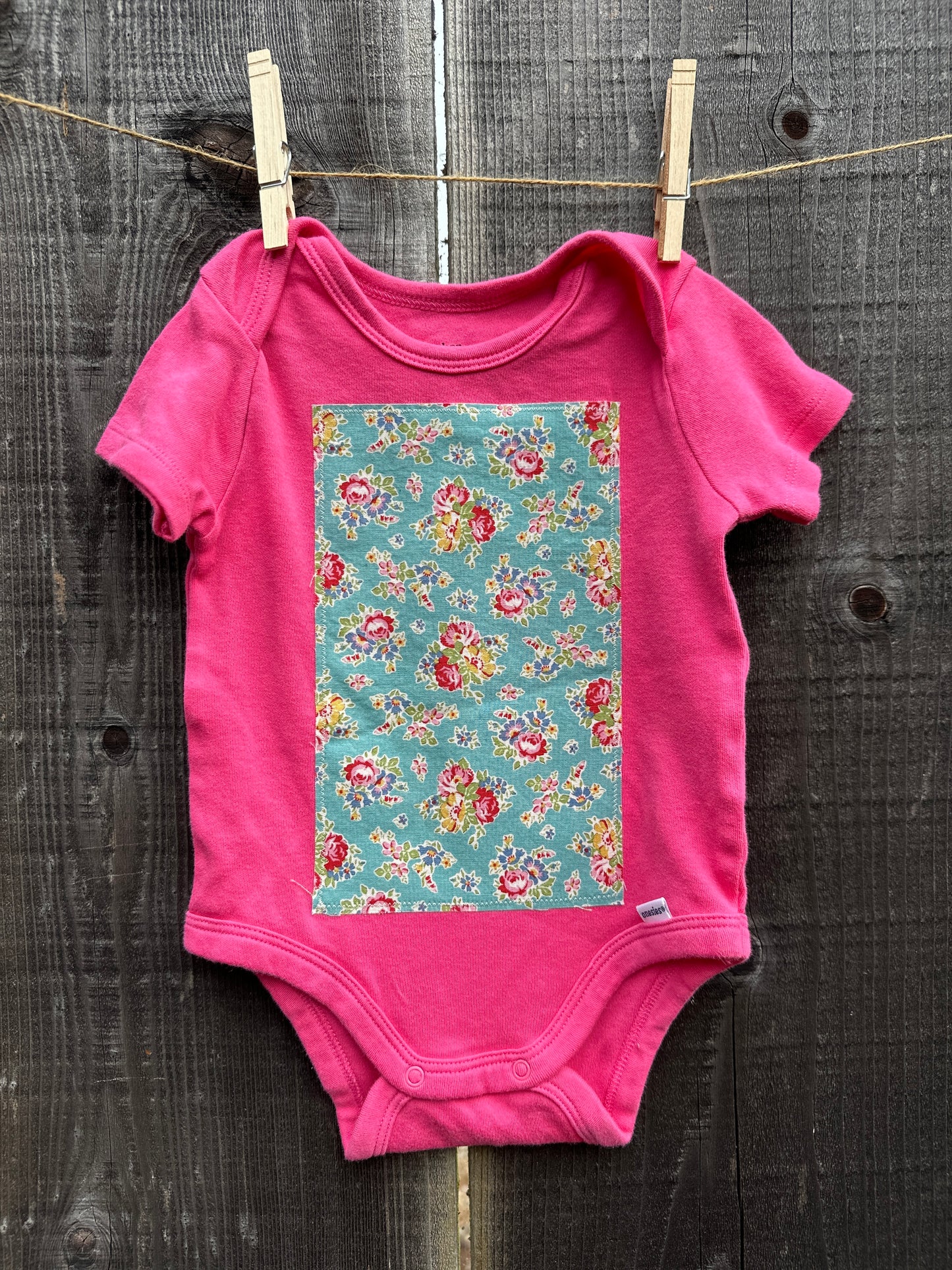 Hot Pink Turquoise Floral Patch Onesie, Size 12 mons.