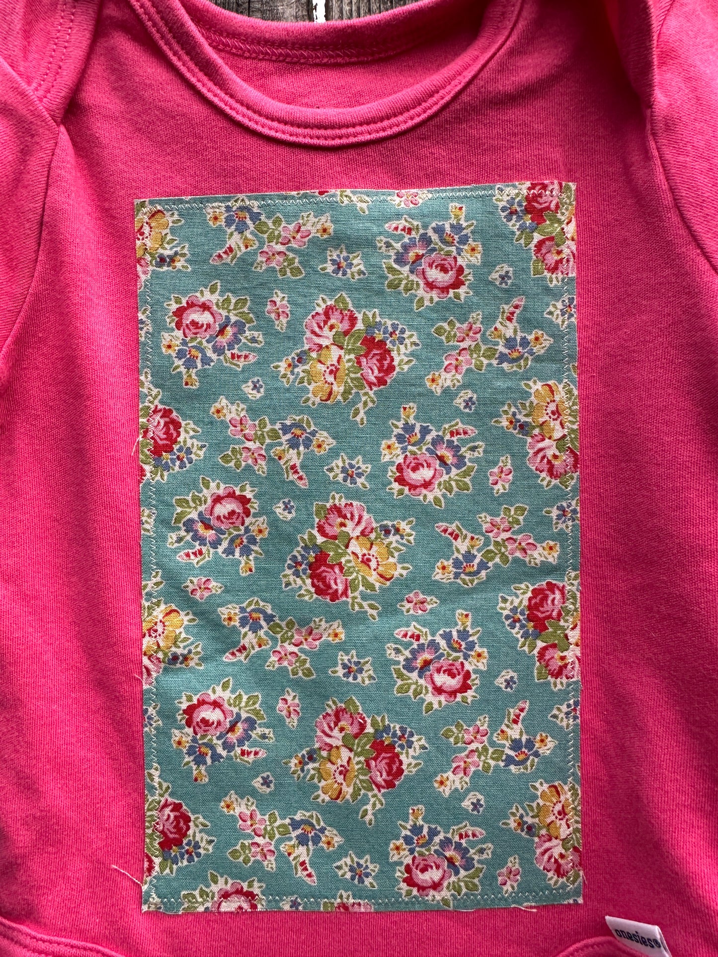 Hot Pink Turquoise Floral Patch Onesie, Size 12 mons.