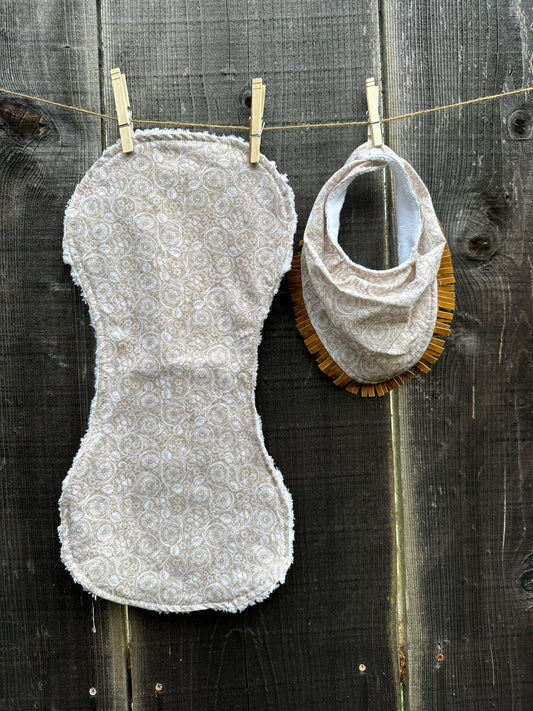 Cream Tooled Leather Print Bib & Burp Cloth Set