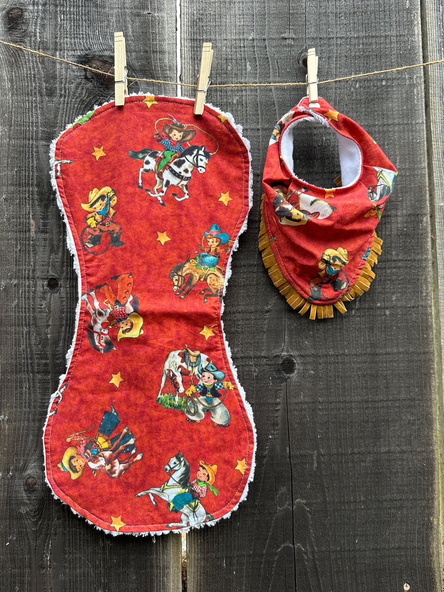 Red Vintage Cowboys Bib & Burp Cloth Set