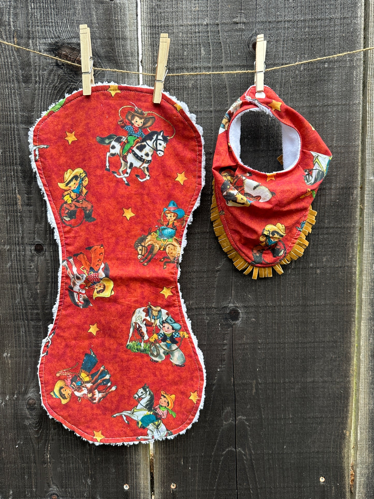 Red Vintage Cowboys Bib & Burp Cloth Set