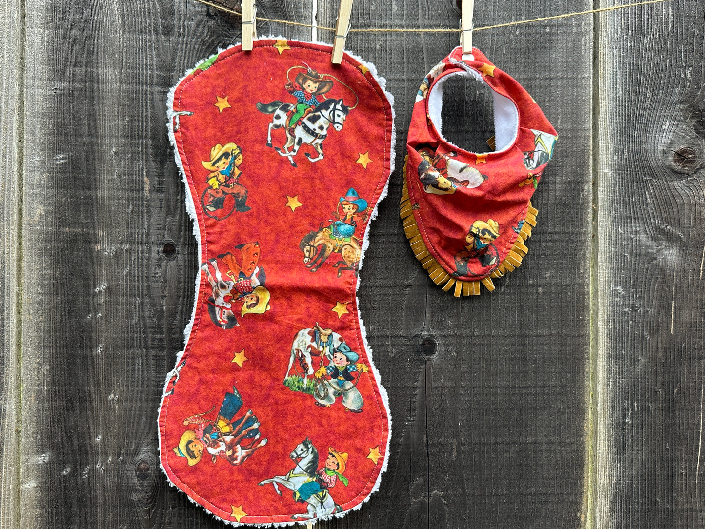 Red Vintage Cowboys Bib & Burp Cloth Set