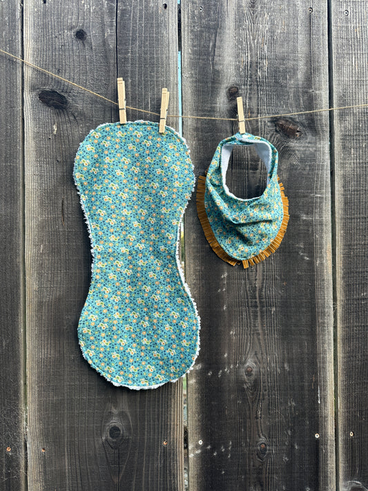 Tiny Blue Floral Print Bib & Burp Cloth Set