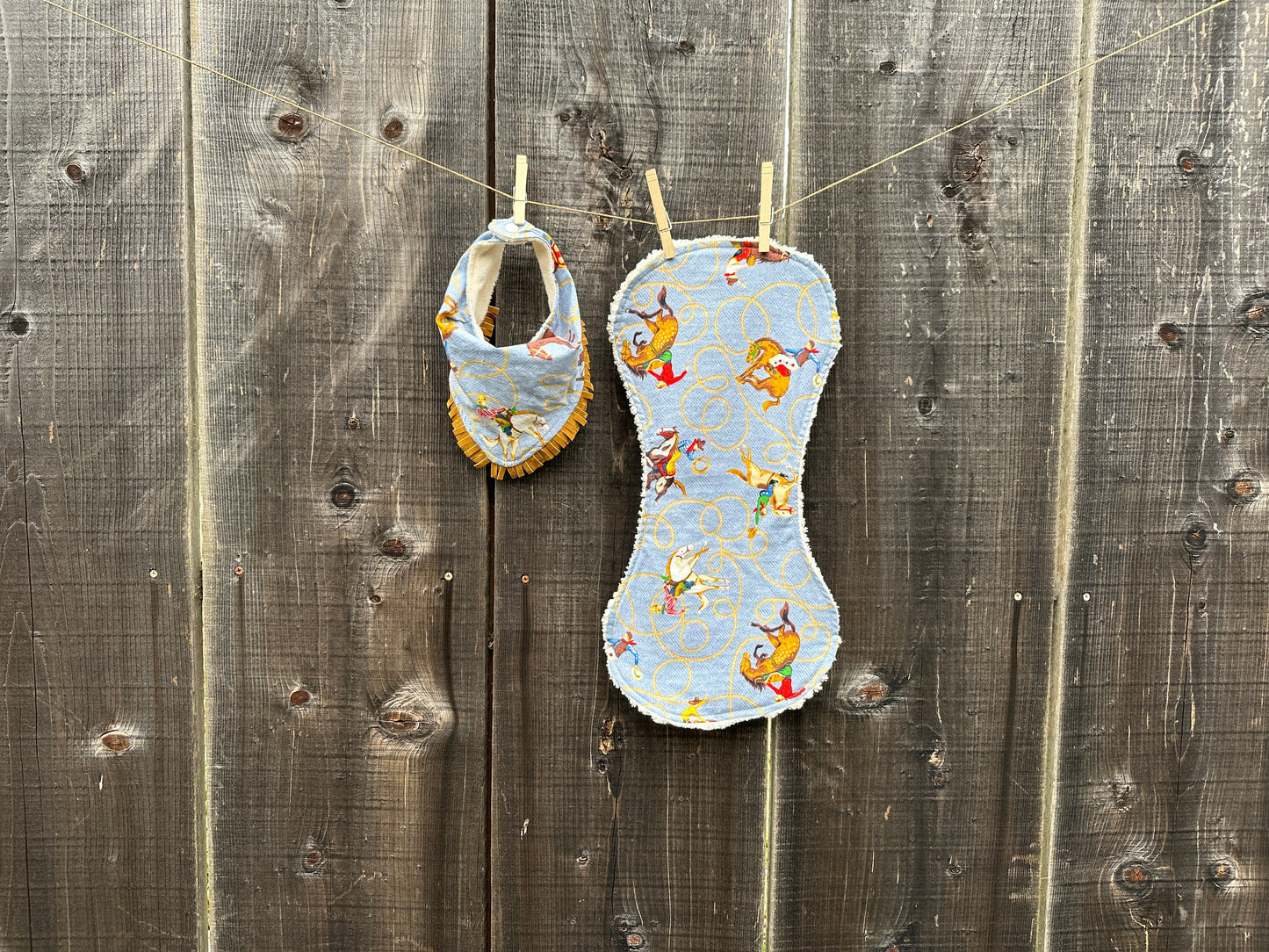 Saddle Broncs on Denim with Rope Background Bandana Bib/Burp Cloth Set