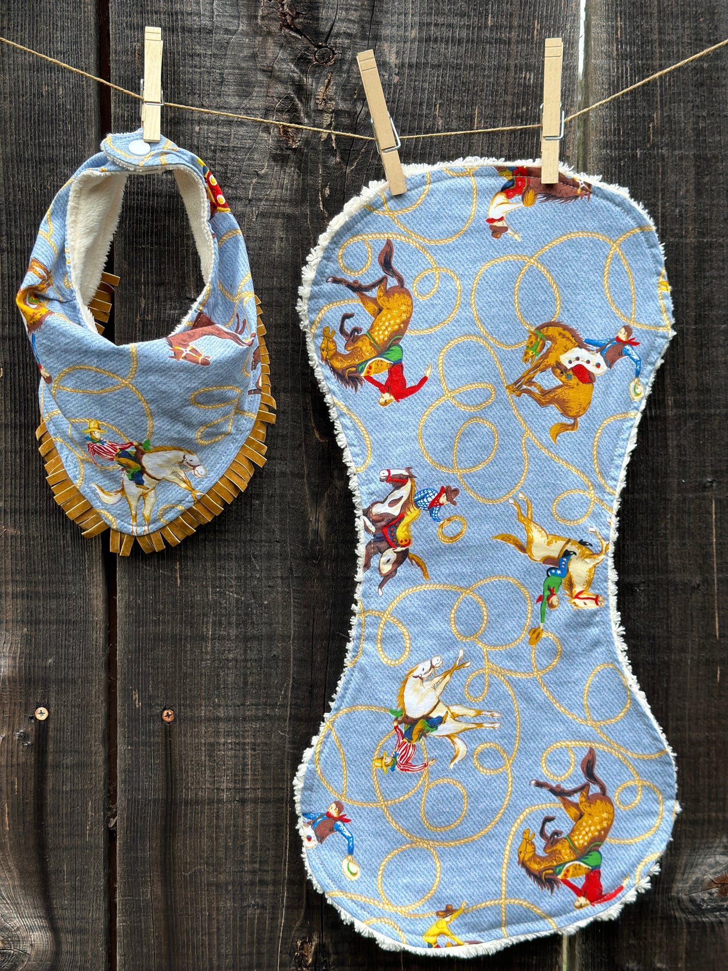 Saddle Broncs on Denim with Rope Background Bandana Bib/Burp Cloth Set