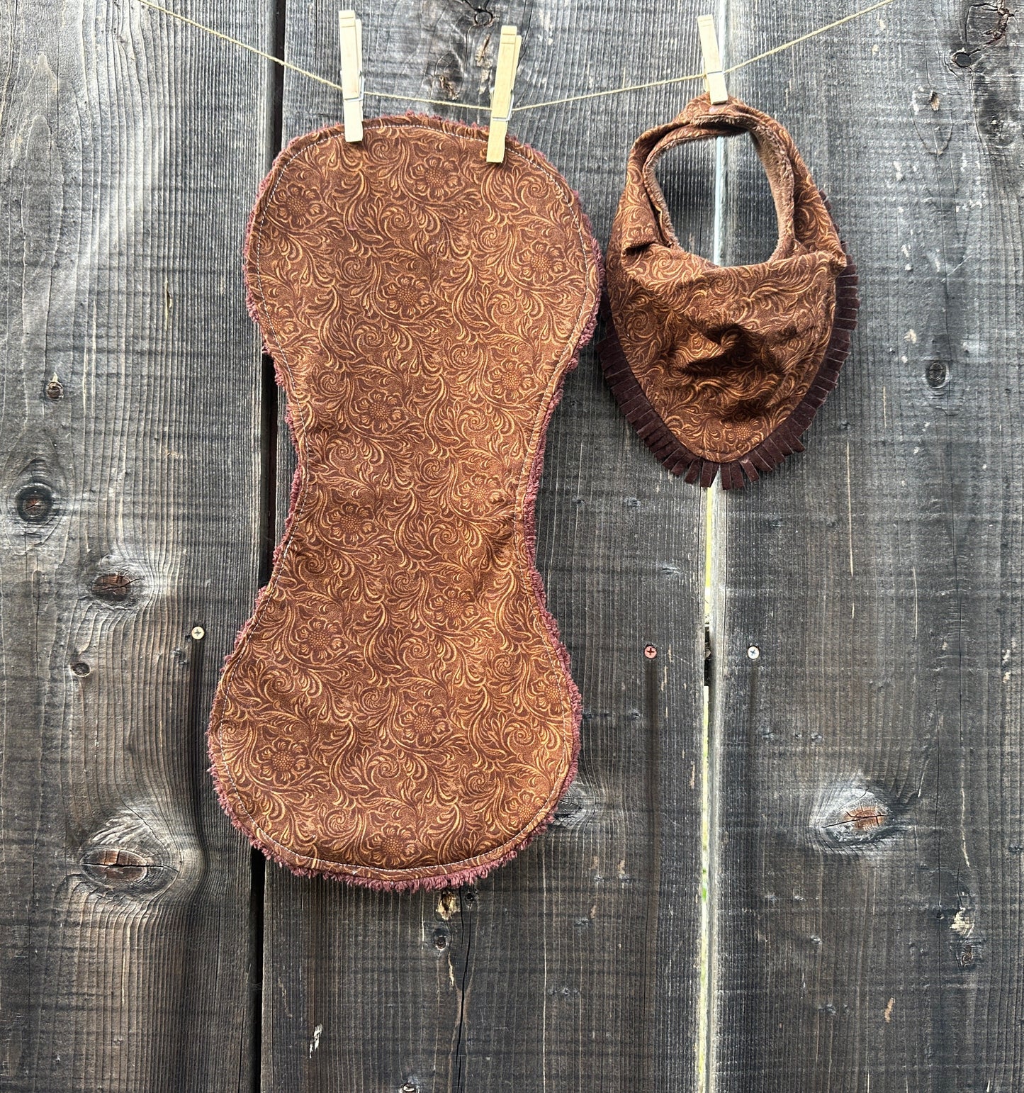 Dark Brown Tooled Leather Bib & Burp Cloth Set