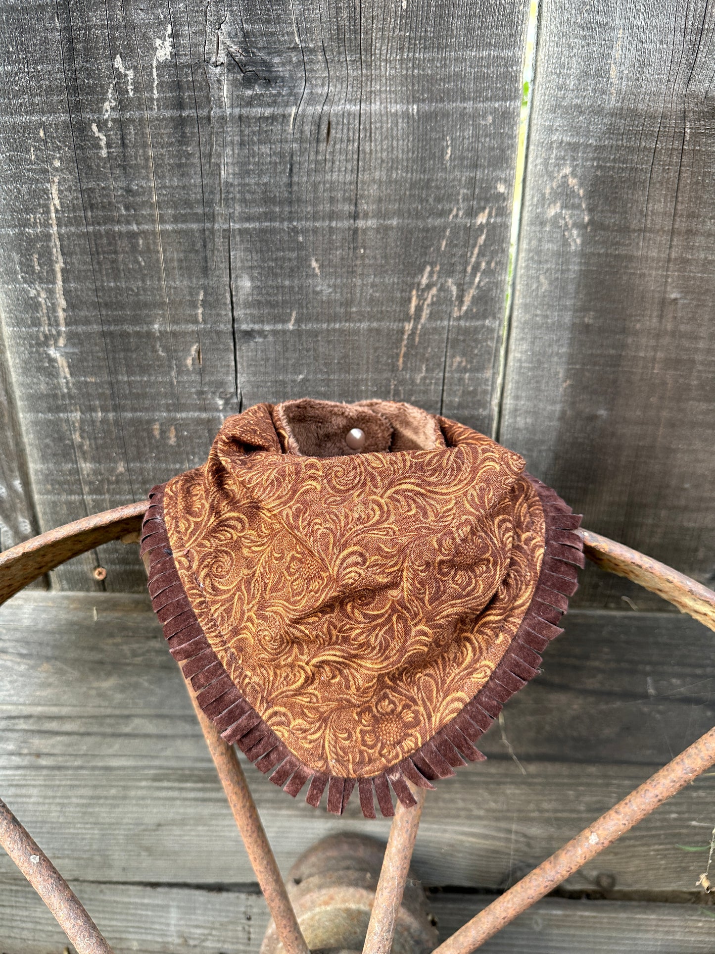 Dark Brown Tooled Leather Bib & Burp Cloth Set