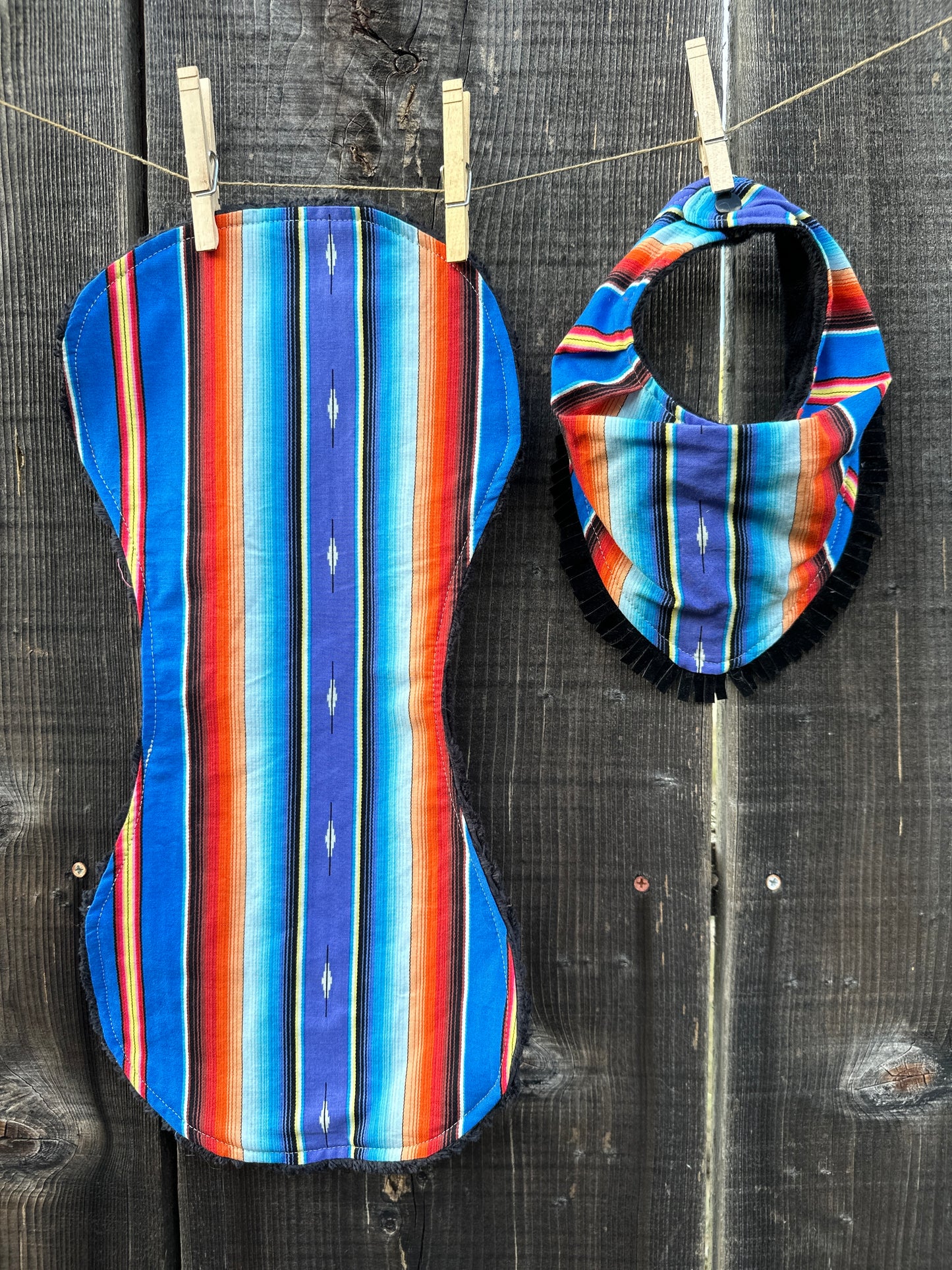 Blue and Orange Bright Serape Bib & Burp Cloth Set