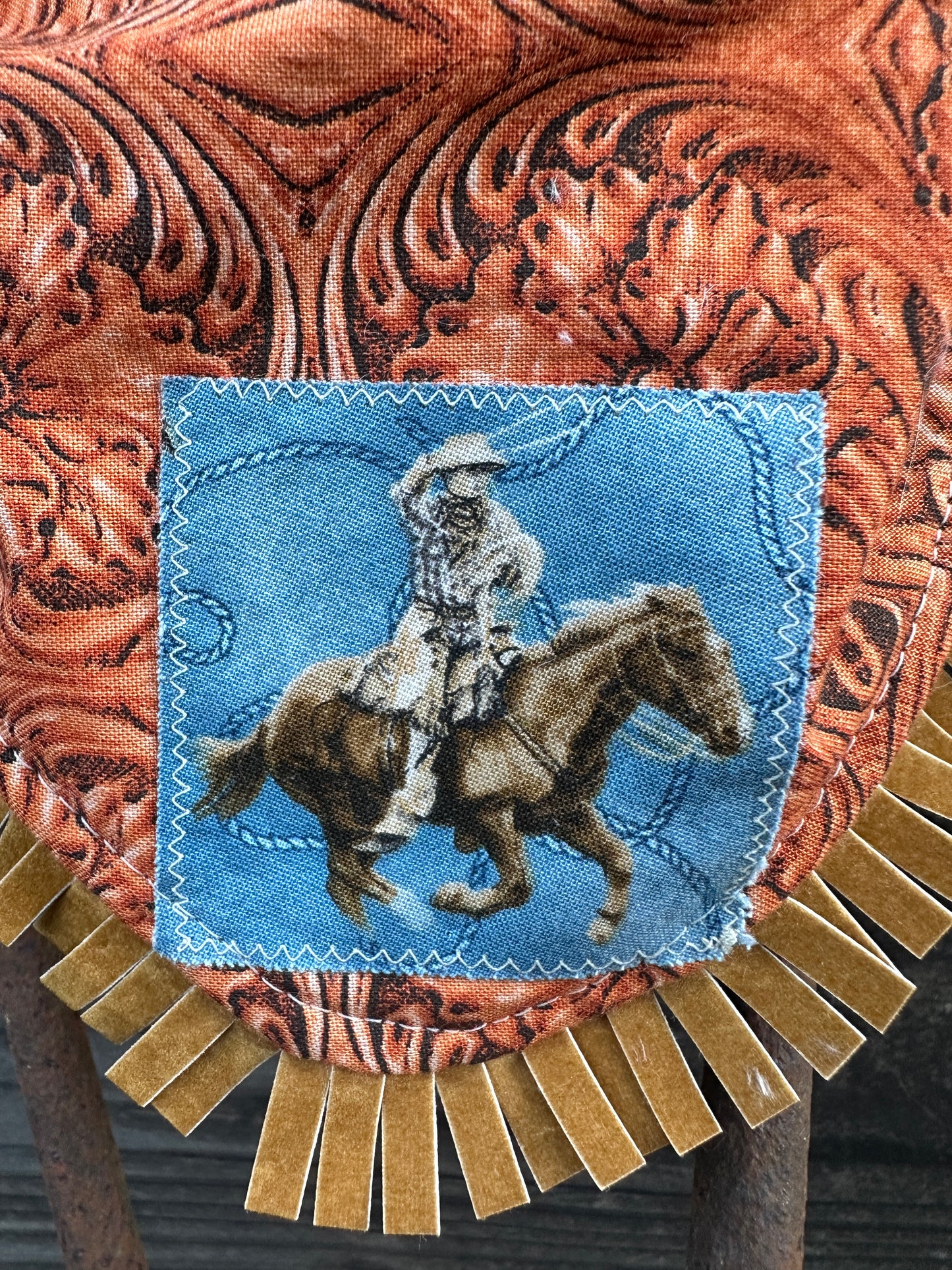 Tooled Leather with Cowboy Roper Patch Buckaroo Baby Bib