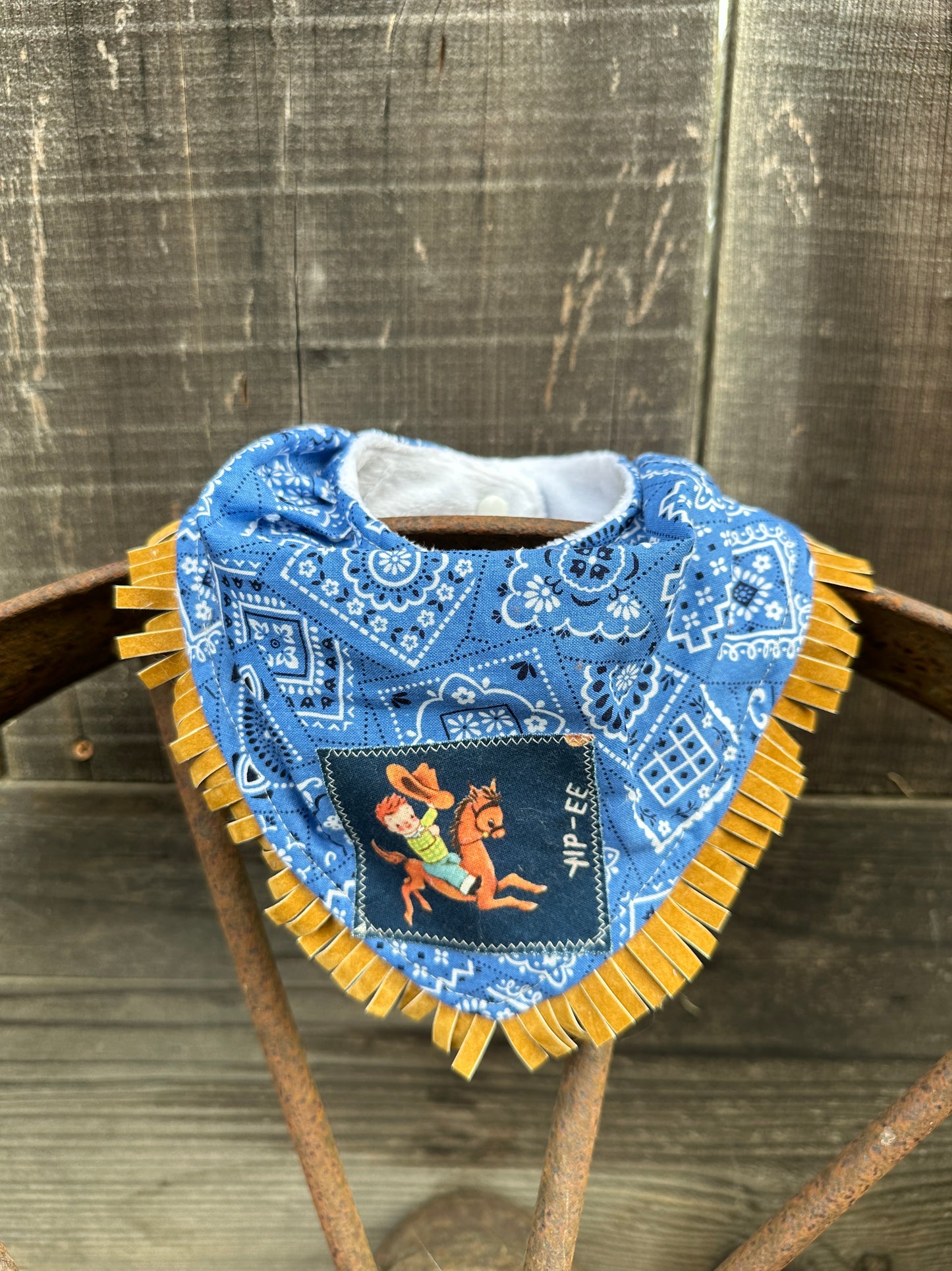 Blue Bandana with Vintage Cowboy Patch Buckaroo Baby Bib