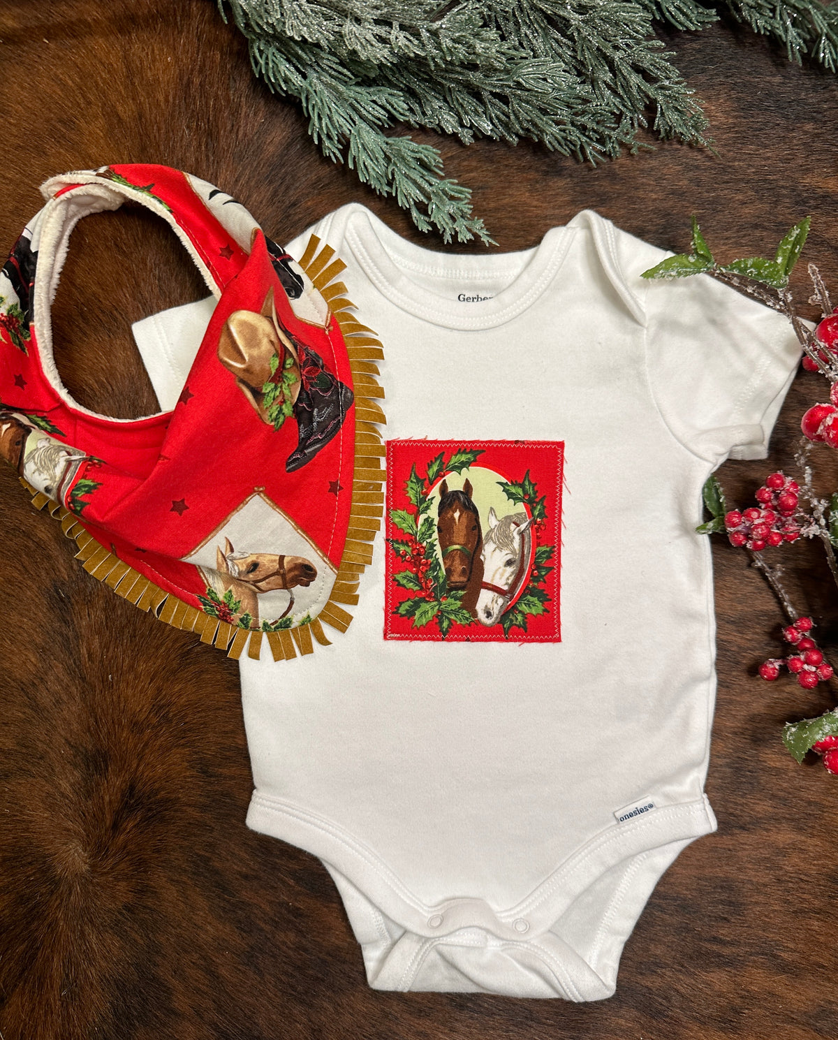 Christmas Horses Onesie and Bib Set, Size 12 mons.