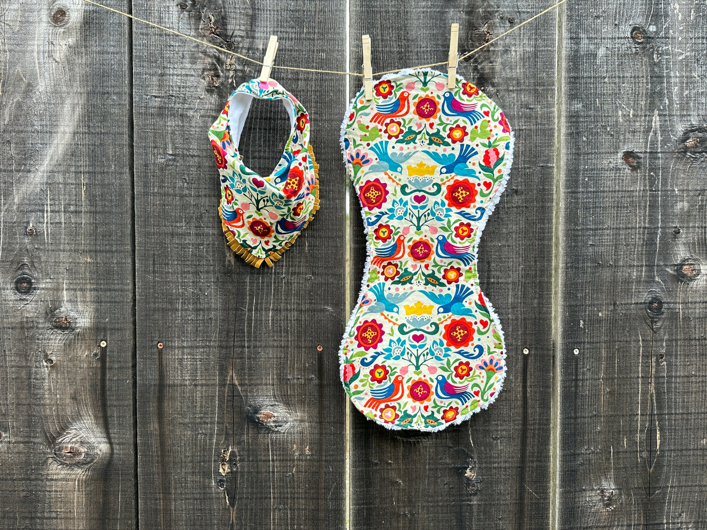 Spanish Inspired Bright Birds & Floral Bib/Burp Cloth Set