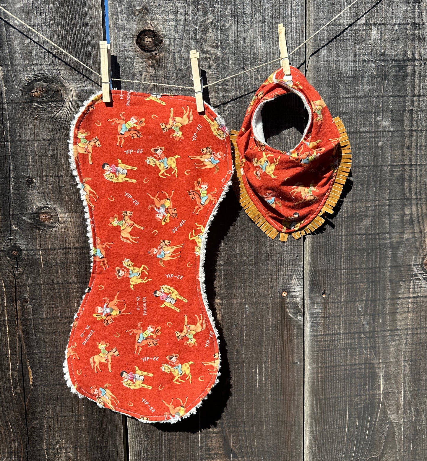 Rust Red Yip-Ee Vintage Cowboy Print Bib/Burp Cloth Set