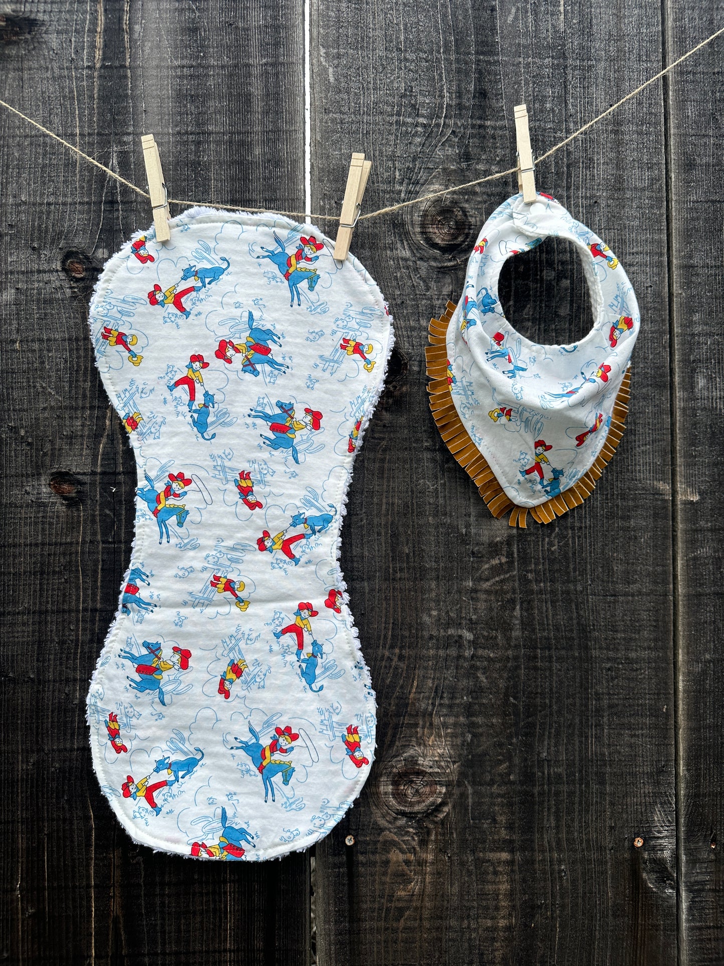 Vintage Cowkids in Blue Bib/Burp Cloth Set