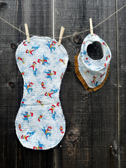 Vintage Cowkids in Blue Bib/Burp Cloth Set